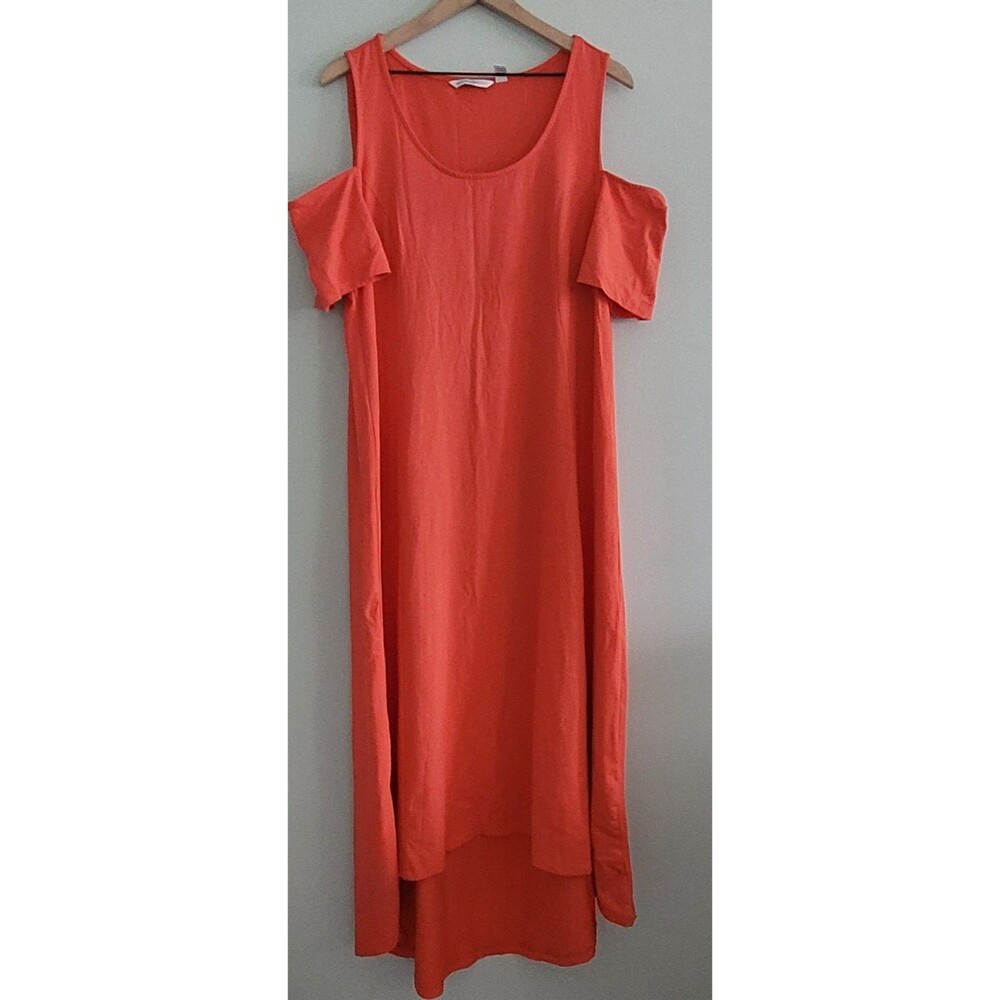 Isaac Mizrahi Live Maxi Dress Hi Low Womens XL Orange Cold Shoulder Side Slits